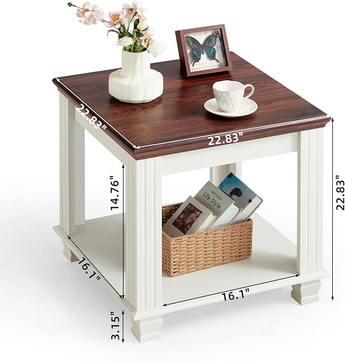 Farmhouse End Table Set of 2,Large Side Table with 2-Tier Storage Shelf,Rustic Wood End Tables for Living Room,Square Tea Table,White