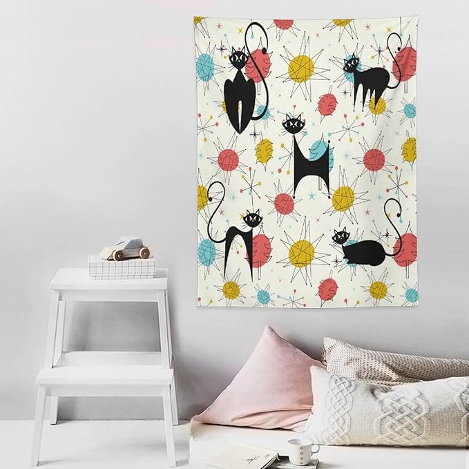 ICMOLYYENLO Abstract Cat Tapestry, Medieval Abstract Atomic Star Cat Vintage Home Wall Hanging Art Tapestry for Bedroom Living Room Dormitory 40x60 Inch