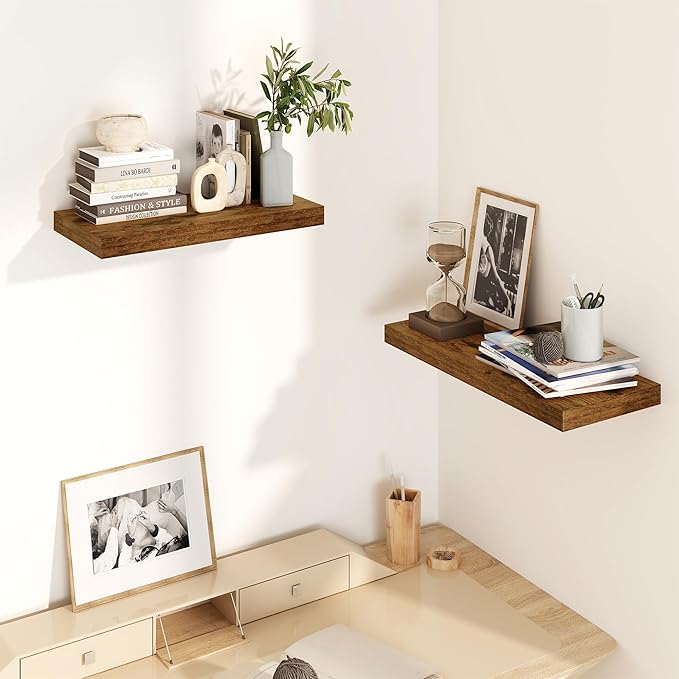Fun Memories Floating Shelves for Wall, 8 Inch Deep Floating Wall Shelf, 16" x 8" Floating Shelves - Set of 2, Rustic Wooden Storage Shelves for Bathroom, Living Room, Kitchen, Rustic Brown Color