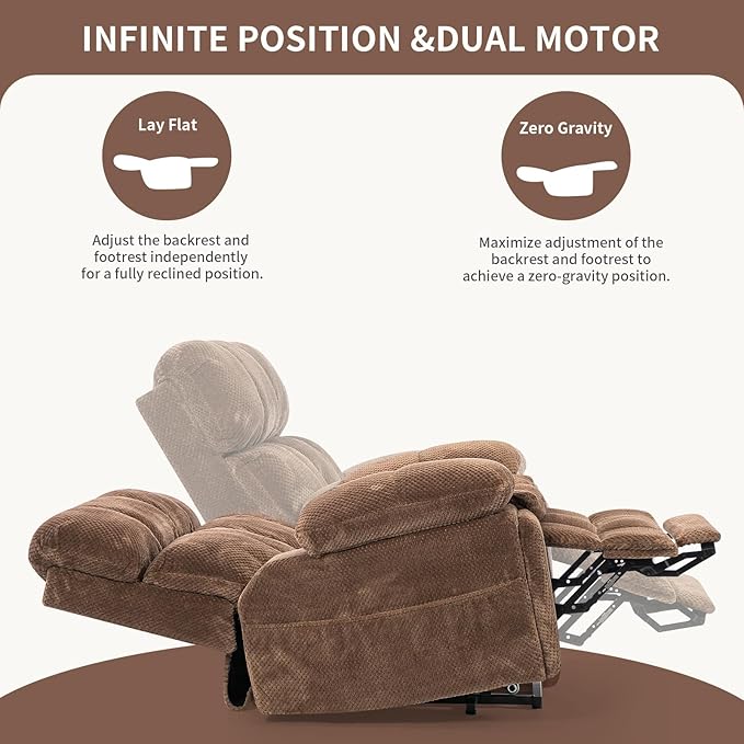 Oversized Power Lift Recliner Chair with Adjustable Headrest for Elderly,Dual Motor Lay Flat Recliner Chair with USB Port,Type C,Big and Tall Recliner with Massage and Heat,Cup Holders,Storebox,Brown