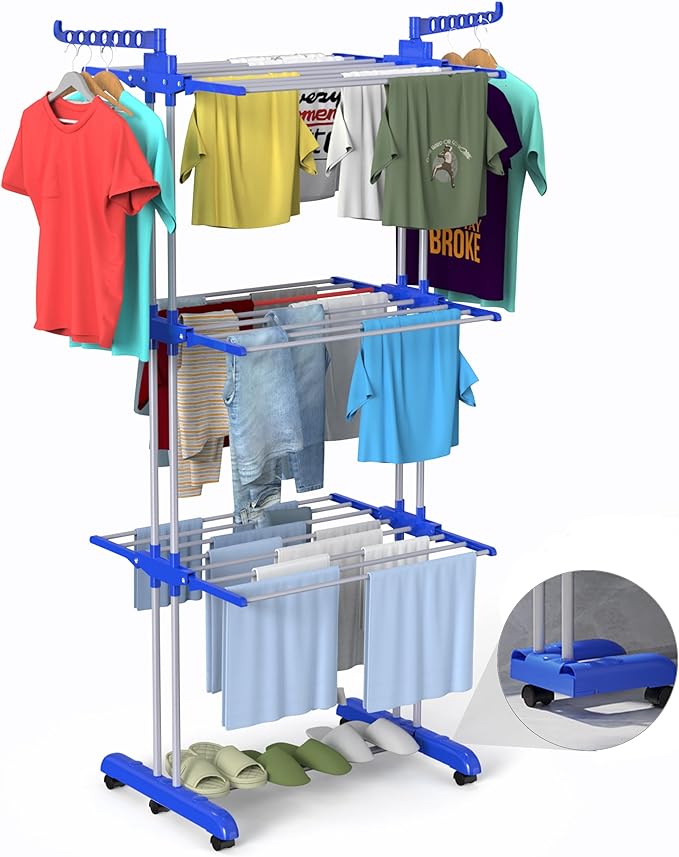 Bigzzia Clothes Drying Rack, 67.7 Inch Laundry Drying Rack with Foldable Base, 4 Tier Stainless Steel Drying Rack Clothing, Movable Laundry Rack for Indoor Outdoor-Blue