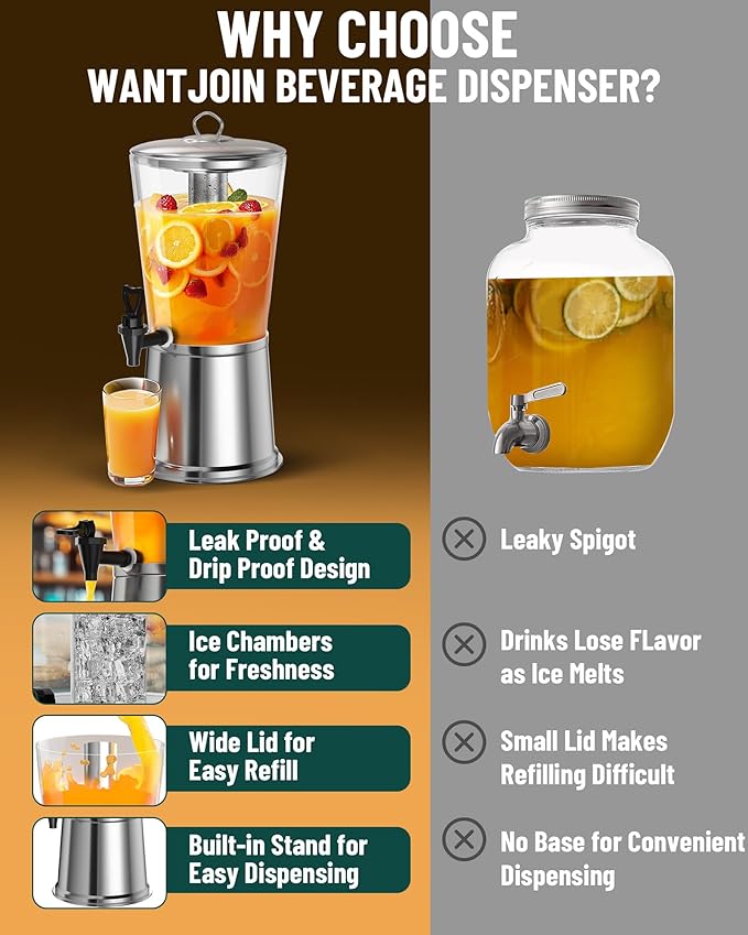 WantJoin Beverage Dispenser With Stand, Drink Dispenser for Party, Stainless Steel Water Dispenser with Ice Core, Spigot, Drink Jar Jug For Home Parties Lemonade, Clear Acrylic, 2-GALLONS 8 Liters