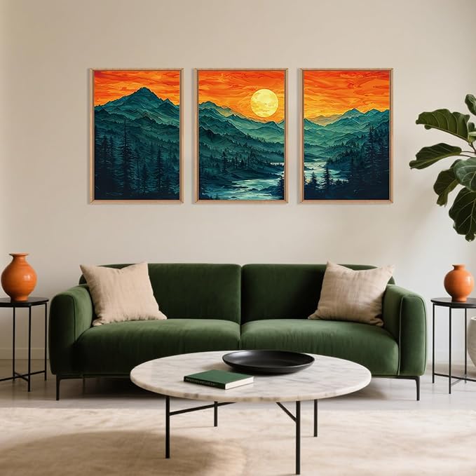 Woodland Mountain Framed Canvas Wall Art Set, Abstract Ridge Wall Painting, Boho Sunset Scenery Wall Decor, Modern Natural Landscape Art Print for Living Room, Bedroom, Office - 16"x24"x3