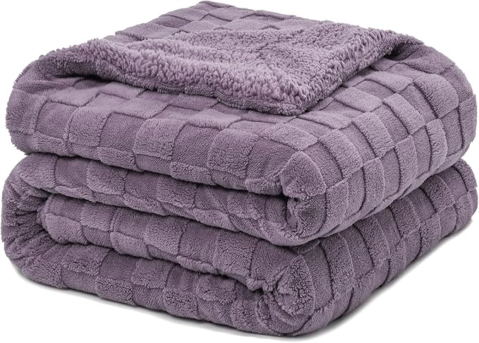 Pawque Super Soft Cozy Throw Blanket Twin Size for Couch Bed, Fluffy Sherpa Fleece Reversible Thick Warm Fuzzy Blanket for All-Season, 3D Checkered Jacquard Decorative Blankets, Purple, 60" x 80"