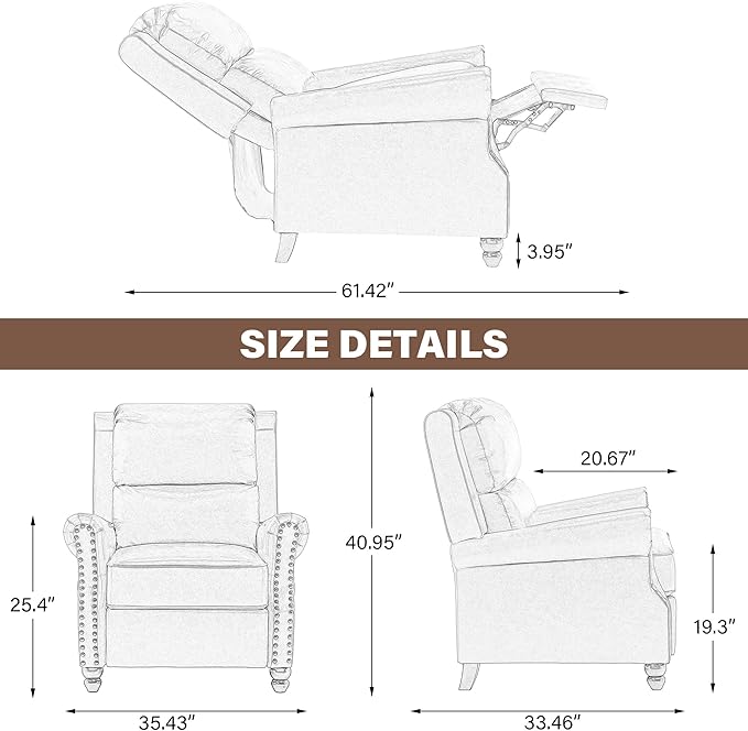 UIXE Pushback Recliner Chairs Set of 2, PU Leather Armchair Push Back Accent Chair, Rivet Trim Club Chair Home Theater Overstuffed Single Sofa Reading Seat for Living Room, Black