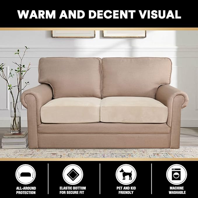 PrinceDeco Velvet Couch Cushion Cover Soft Stretch Cushion Slipcover for Chair Loveseat Sofa Cushion Furniture Protector Seat Cushion Sofa Cover (2 Piece Large Sofa Cushion Covers, Ivory)