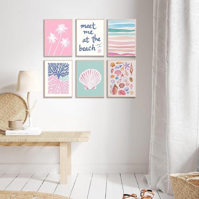 6 Pcs Coastal Beachy Wall Art Tropical Summer Shell Ocean Paintings Prints Posters Trendy Pink Preppy Palm Tree Canvas Wall Decor Aesthetic for Bedroom Living Room Dorm Apartment 8x10inch Unframed