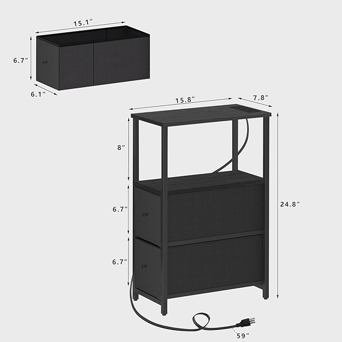 TUTOTAK Small Narrow LED End Table with Charging Station, Side Table Outlets, Nightstand with 2 Cloth Drawers, Couch Table, for Living Room, Bedroom, Bedside, Black TB01BK085L