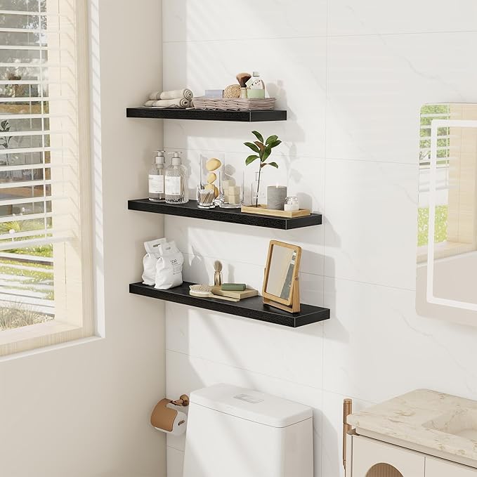 Fun Memories 32 Inch Floating Shelves Wall Shelf Set of 3, Black Bathroom Shelves 32 Inch, Farmhouse Home Decor Living Room, Kitchen Black Shelves for Wall, 32 x 6.7 x 1.4 Inch