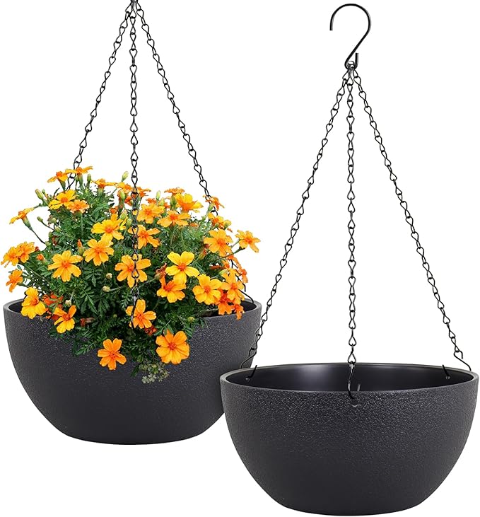 12 inch Large Hanging Planters for Indoor Outdoor Plants, 2 Pack Hanging Flower Pots with Drainage Holes and Chain for Garden Porch Plants, Plastic Hanging Baskets for House Plants, Black