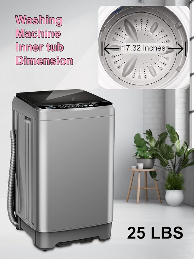 Full Automatic Washing Machine with LED Display, 25 lbs Portable Washer Drain Pump, 10 Programs & 8 Water Levels Selections, Ideal for RV, Camping, Apartment, Dorm, Dark Grey