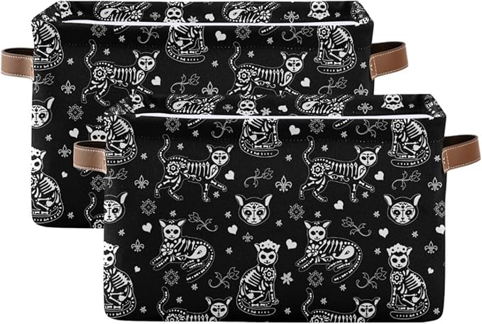 Storage Basket Bin Death Helloween Cats Gothic Organizer Basket Collapsible Shelf Basket Cube with handle for Nursery Bedroom Bathroom