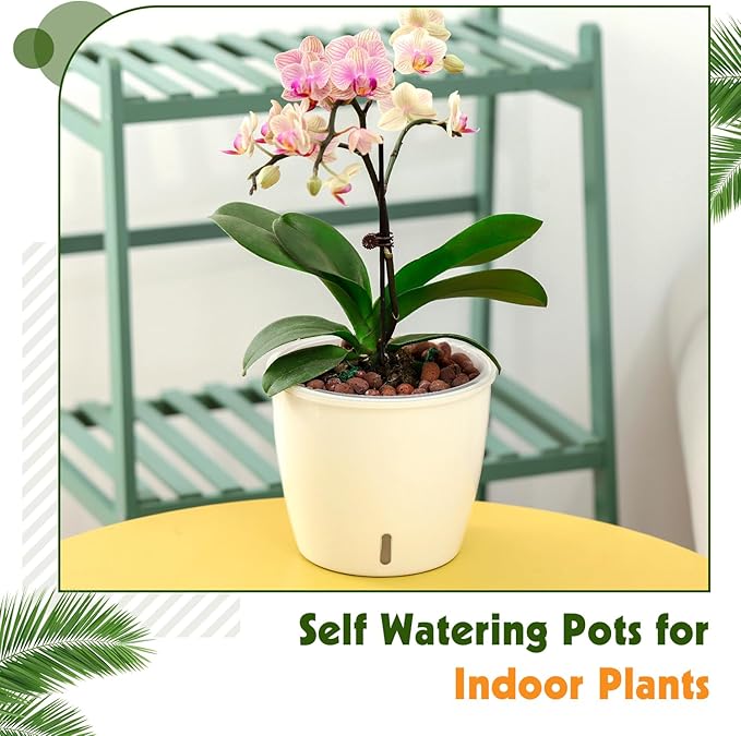 Self Watering Pots for Indoor Plants, 12-Pack 5'' Self Watering Planter with Drainage Holes, Small African Violet Pots with Water Level Indicator, Clear Wick Pot, White/Black