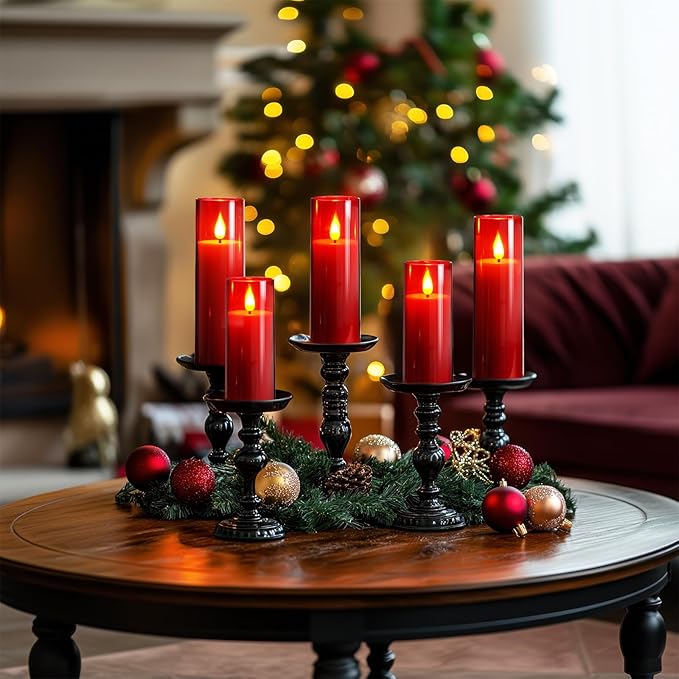 Amagic Christmas Red Flameless Candles, Battery Operated Candles with Remote and Timer, Acrylic Flickering LED Candles for Thanksgiving Decor, D2.2''xH5''6" 7", Set of 9
