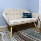 48”Small Loveseat Sofa, Modern Linen Upholstered Mini Couch 2-Seater Fluffy Love Seat with Quilting Backs and Wood Legs for Small Space Living Room, Bedroom, Beige
