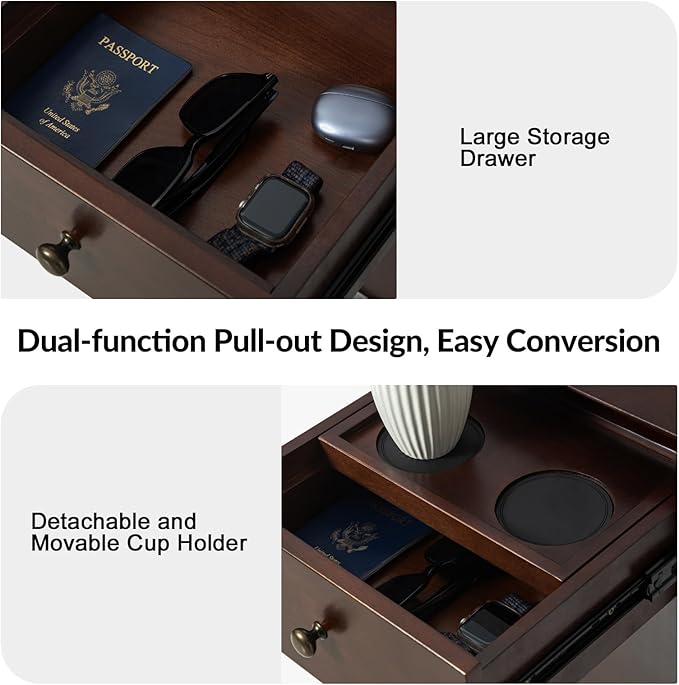 HULALA HOME End Table with Drawer Set of 2, Modern End Table with USB Ports and Outlets, Wooden Side Table with Storage-Walnut