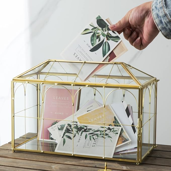 Glass Wedding Card Box with Slot, 12.6 inch Large Clear Card Box Gold Brass Gift Card Storage Box with Lock for Wedding Receptions, Baby Shower, Birthday Party, Bridal Shower