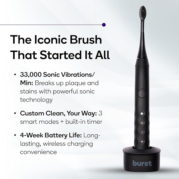 Burst Original Sonic Electric Toothbrush for Adults (Black) | Soft Bristle Deep Clean Stain & Plaque Removal | 3 Modes: Teeth Whitening, Sensitive & Massage