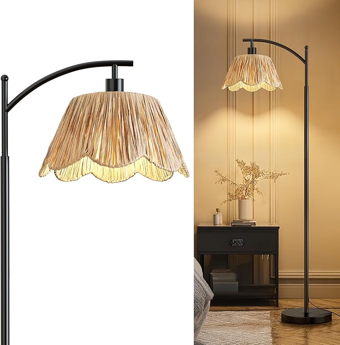 Oneach Arc Floor Lamp for Living Room,Rattan Boho Floor Lamp with Hand-Woven Wicker Shade, Foot Switch,Black Metal Base & Pole,Farmhouse Standing Lamp for Bedroom Corner,Reading