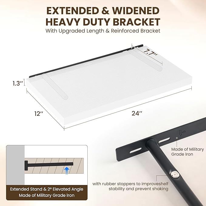 24" Floating Shelves for Wall, 12" Deep Slim White Floating Shelves, Wall-Mounted Shelves for Bedroom, Living Room, Kitchen, Bathroom - Set of 2