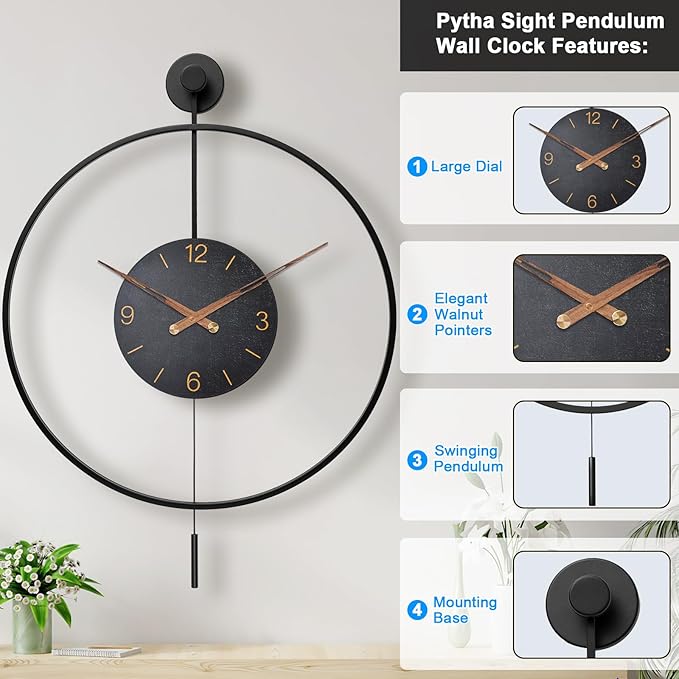 Large Modern Wall Clock,34.6×24 Inch Big Metal Minimalist Arabic Numeral Dial,Decorative Farmhouse Pendulum Wall Clocks with Walnut Pointers forLiving Room Decor, Office,Dining Room