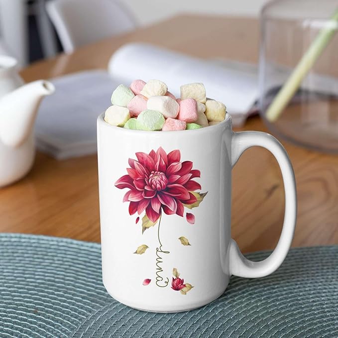 Dahlia Flower Design Coffee Mug, Personalized Name On Red Floral Cup, Custom Ceramic Mug For Flower Lovers, Customized Dahlia Accent Cup 11oz Or 15oz, Floral Decorative Mug Gift