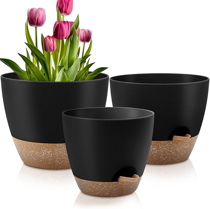 Plant Pots 12/10/9 Inch Self Watering Pots, Set of 3 Plastic Planters with Drainage Holes and Saucers,Plastic Flower Pots,Nursery Planting Pot for Indoor Out Door Plants(Black)