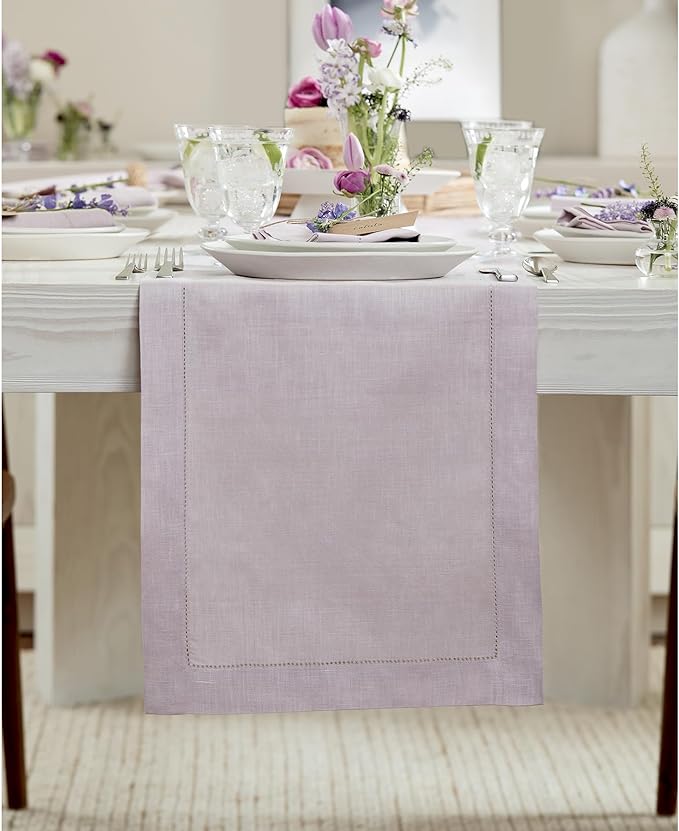 Solino Home Linen Lilac Table Runner 120 Inches Long - 100% Pure Linen Hemstitch 14 x 120 Inch Table Runner for Dining - Classic Hemstitch