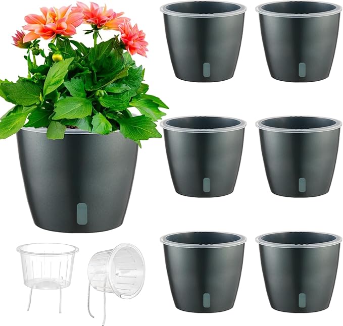 Self Watering Pots for Indoor Plants, 6-Pack 6.7'' Self Watering Planter with Drainage Holes, Small African Violet Pots with Water Indicator, Clear Wick Orchid Pot, Grey