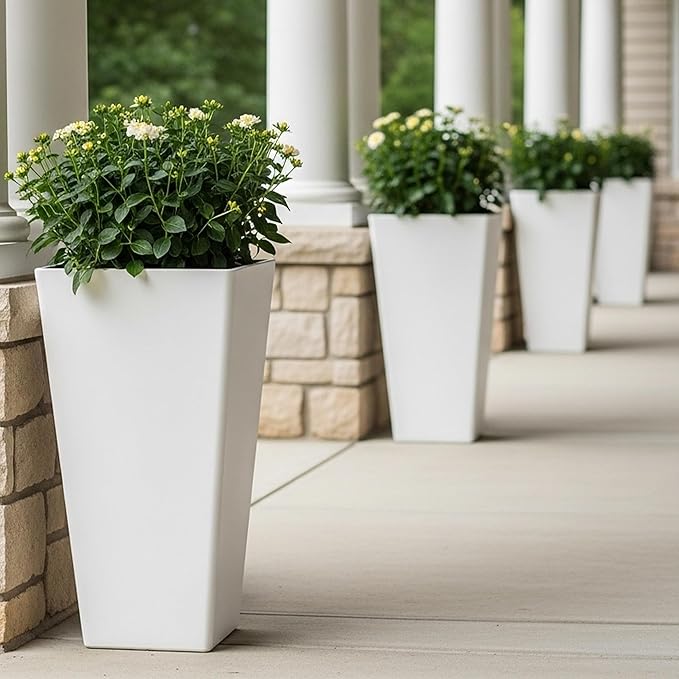 WORTH Garden Large 28 in.Tall Planters Set of 2 for Indoor and Outdoor, Heavy Duty Plastic White Modern Taper Flower Plant Pots with Drainage Hole and Dual-Purpose Tray for Front Porch, Patio