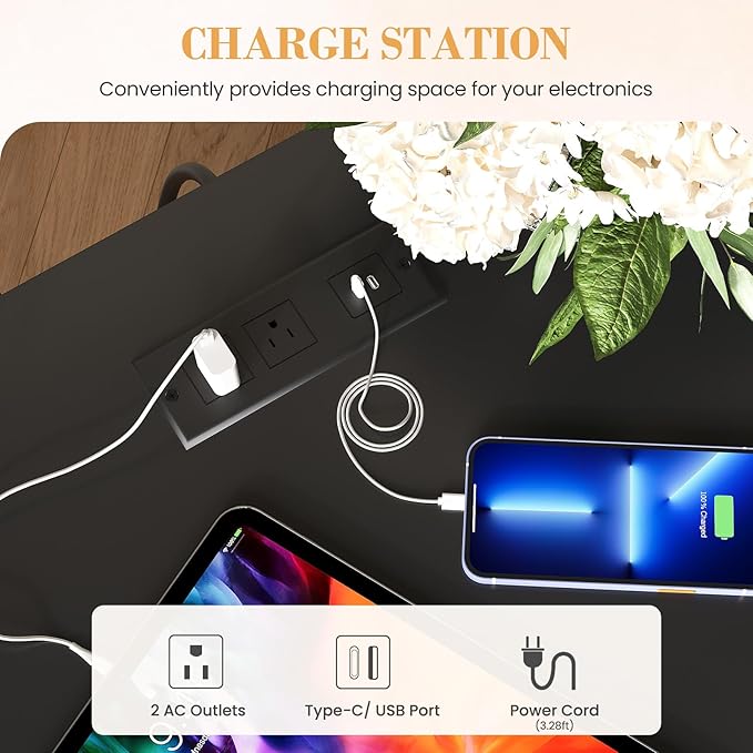 Farmhouse End Table with Charging Station & Storage - Apicizon Nightstand