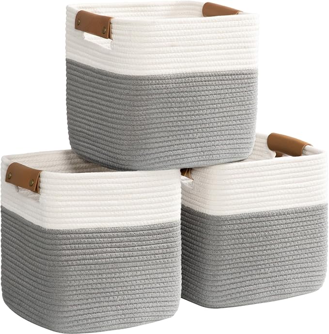 danpinera 3 Pack 11"x11" Woven Basket for Organizing, Square Storage Baskets for Pillows, Towels, Toy, Clothes, Magazines, Decorative Storage Cubes for Bedroom, Living Room, Classroom, Grey