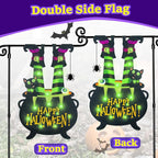 Halloween Lighted Garden Flag for Outside, Witch Feet Shape Flag Yard Decor, 8 Modes Double Sided Cauldron Eyeball Black Cat Outdoor Hlloween Decorations for Home Porch (Green-28x40)