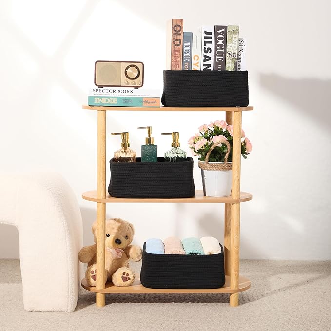 Small Storage Baskets for Organizing | Closet Organizer Bins | Shelf Toy Basket | Woven Rope Baskets | Cube Decorative Box | Shallow Basket | 11.5x7.5x4.7” | 3 Packs Black