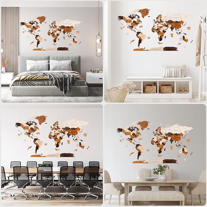 HYPERI Multilayered 3D Wooden World Map Wall Decor, Wood Art Wall Decor, Mapa Mundi Para Pared, World Maps and Push Pins, Valentine's Day Gifts For Dad, Mom, Boss, Husband, Wife (XX-Large)