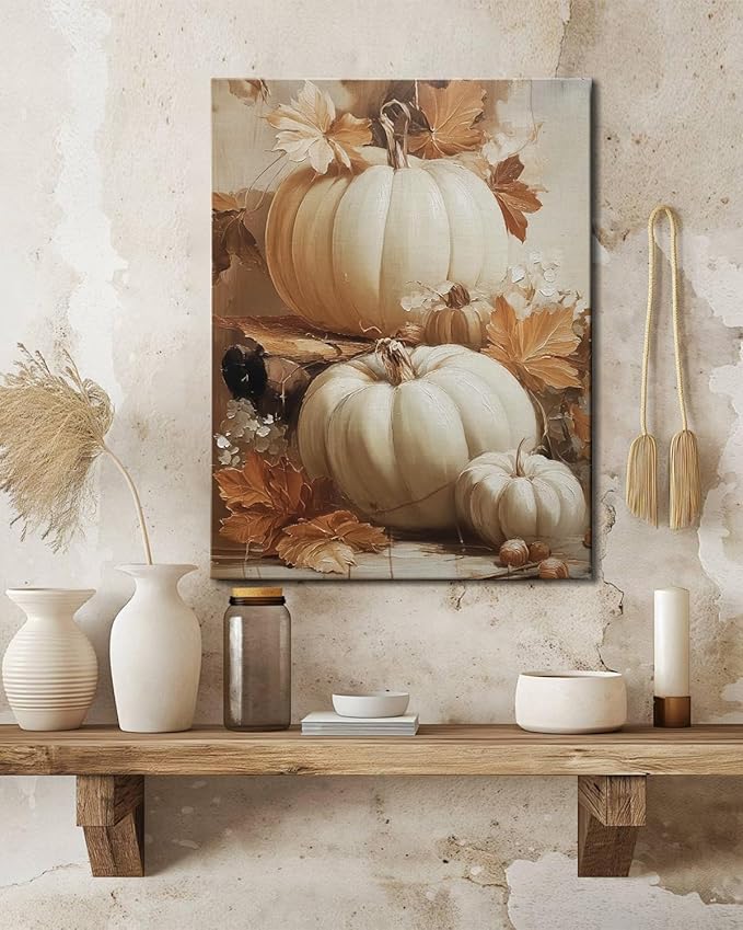 Rustic Autumn Pumpkin Wall Art Decor, Framed Vintage Thanksgiving Decorations, Fall Canvas Wall Art for Home, Kitchen and Living Room, Cozy Fall Decor Picture Print Ready to Hang