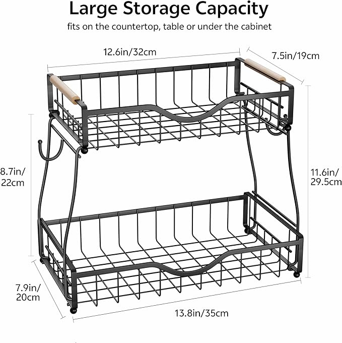 2 Tier Fruit Basket with 2 Banana Hangers, Fruit Bowl for Kitchen Countertop with 2 Wooden Handle, Detachable Metal Fruit Holder for Vegetable Bread with 2 Protective Pads, Black