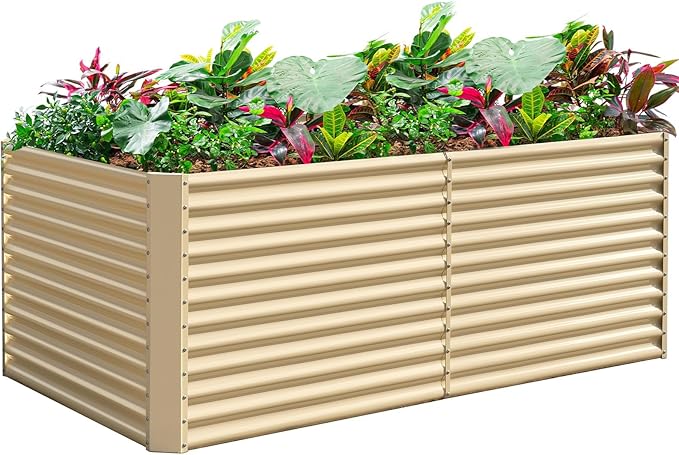 Land Guard 8x4x3ft Rectangular Galvanized Raised Garden Beds, Large-Capacity Metal Planter Box Outdoor, Durable Deep Raised Garden Bed 3ft Tall, Raised Beds for Gardening Vegetables, Cream Yellow