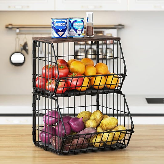 Wetheny 2 Tier Stackable Wall Mounted Wire Basket Fruit Basket with Wood Lid - Kitchen Pantry Organization and Storage, Hanging Storage Basket for fruits, Onion, Potato, Produce, Vegetable (Black)