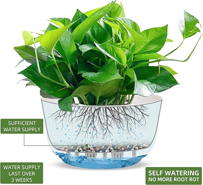 Dexceder 8.75 Inch Self Watering Hanging Planters Indoor Outdoor, Thickened Hanging Basket Flower Plant Pot (2 Pack, White)