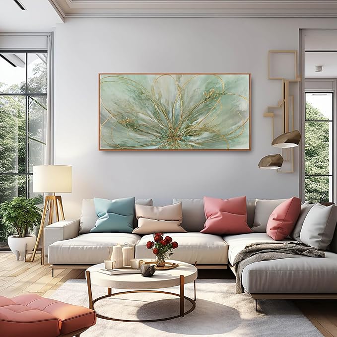 YJYart Green Abstract Canvas Artwork Flowers Wall Decor for Office Line Art Painting 24"x 48" Pictures for Bedroom Dining Room Neutral Wall Art