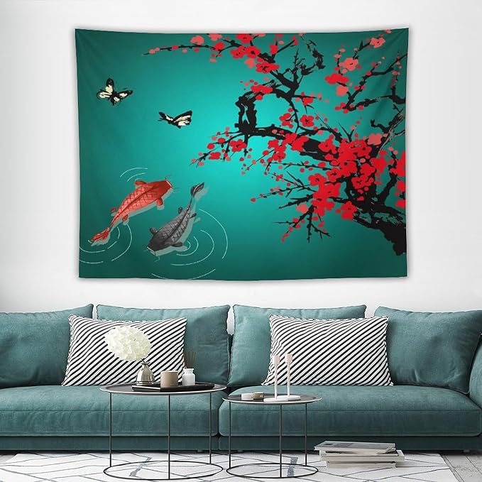 Houselerax Japanese Koi Fish Tapestry, Cherry Blossoms Asian Oriental Green Teal Floral Branch Koi Fish Carp Tapestries Wall Hanging for Bedroom Living Room Office Decor 80"x60"