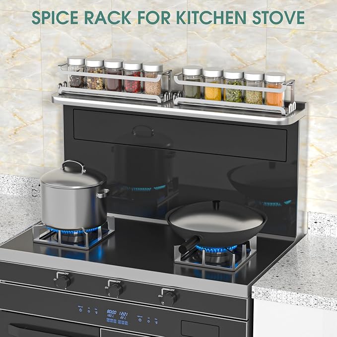 LUCYCAZ 2 Pack Wall Mounted Spice Rack with 16 Hooks, Spice Organizer Shelf for Stove Cabinet Pantry Door,Screw or Adhesive Spice Shelf Hanging Wall Spice Rack in Kitchen and RV (Silver, 2 PACK)