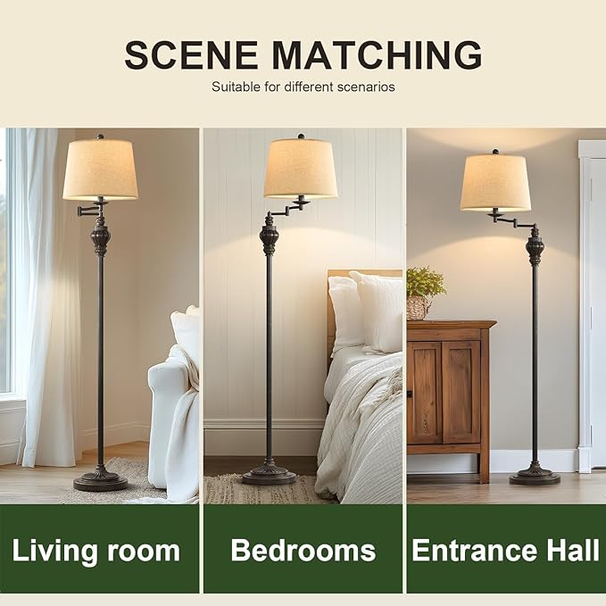 61" Vintage Floor Lamp with 350° Adjustable Swing Arm, Standing Lamp for Bedroom Living Room Bedside Nightstand Retro Farmhouse Mid Century Lamp Light Home Décor Office Gifts