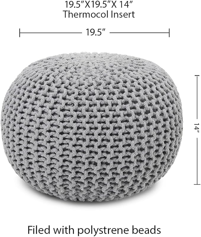 REDEARTH Round Boho Pouf Ottoman - Cable Knitted Cord Boho Pouffe - Stuffed Poof Accent Beanbag Footrest for Living Room - Nursery - Bedroom - Covered Patio - Study Nook (19.5"x19.5"x14") - Gray