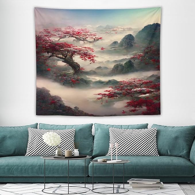 Japanese Tapestry, Red Plum Cherry Blossom Mountain Tapestry, Asian Japanese Wall Tapestry, Nature Landscape Tapestries for Bedroom Living Room Decor 60"x50"