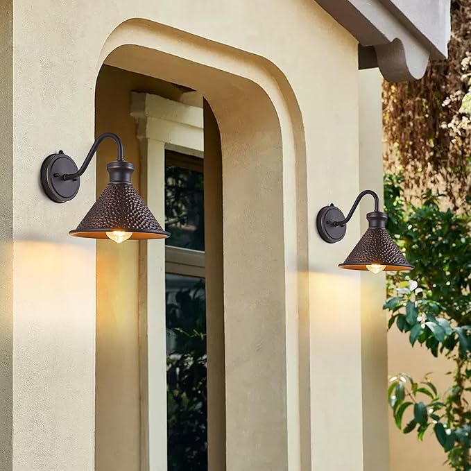 Dusk to Dawn Outdoor Gooseneck Wall Sconce with Dark Sky Cast Hammered Aluminum Shade in Oil Rubbed Bronze Finish,Anti-Rust Waterproof Outdoor Light for Farmhouse Porch Garage,1-Light E26