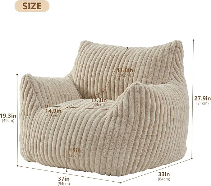 Giant Bean Bag Chairs for Adults Teens, Large Bean Bag Sofa Chairs with Filling Comfy Fuzzy BeanBag Chair with Armrests for Bedroom Living Room Reading