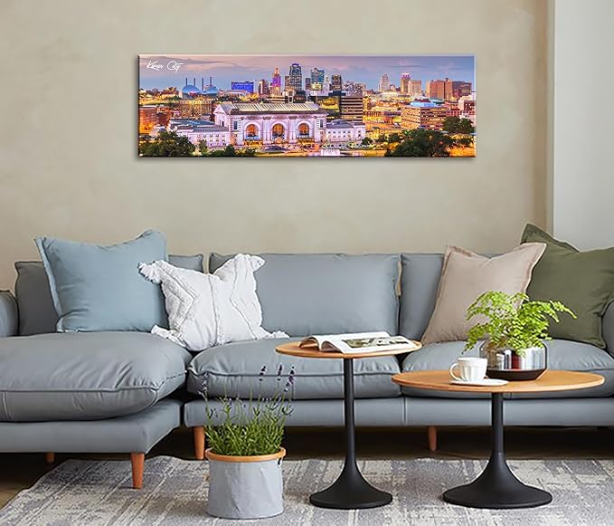 Pictures for Bedroom Kansas City Skyline Wall Art Canvas Prints Cityscape USA City Building Panoramic Night View Posters Modern Home Office Living Room Decoration Framed 13.8"x 45.3"