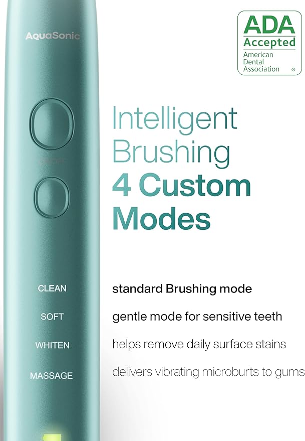 Aquasonic Vibe Series Ultra-Whitening Toothbrush – ADA Accepted Power Toothbrush - 8 Brush Heads & Travel Case – 40,000 VPM Motor & Wireless Charging - 4 Modes w Smart Timer – Mint Green Metallic